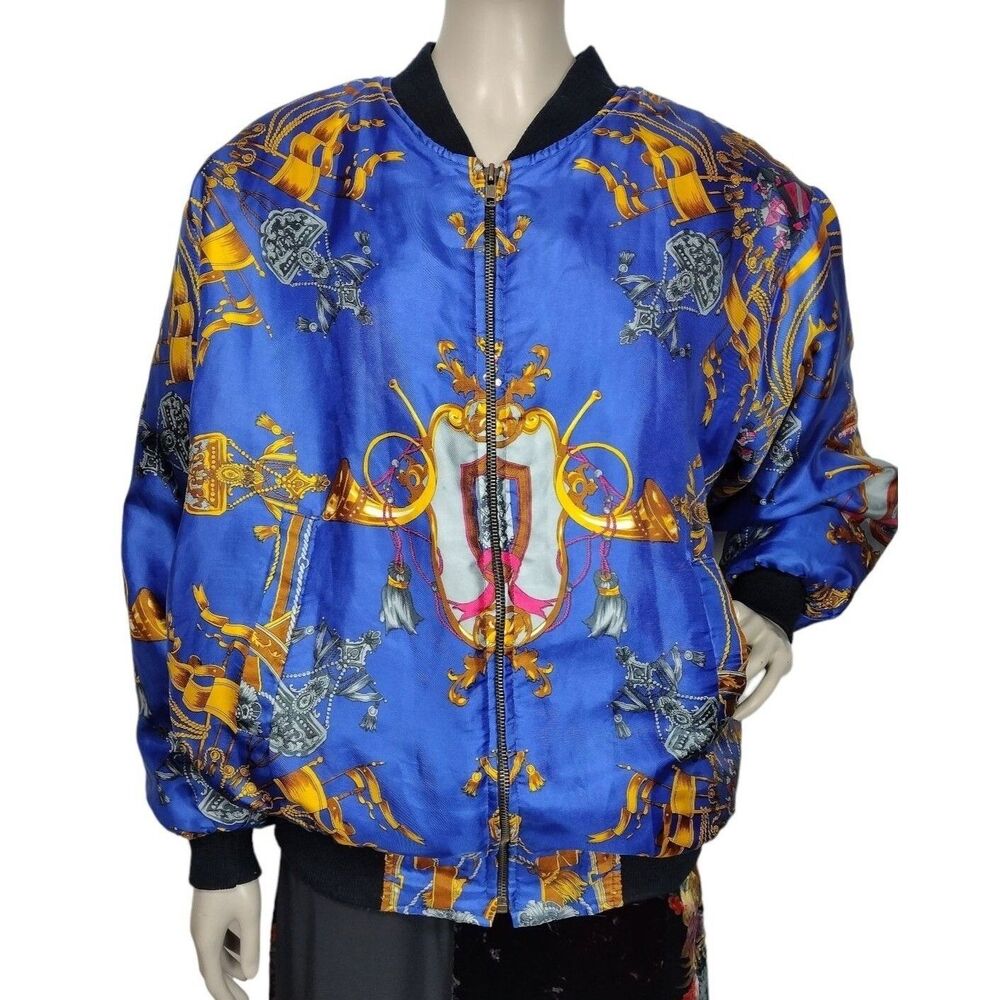 Vintage 80s Baroque Rococo Satin Bomber Jacket Quilted Lining Unisex Adult OSFM